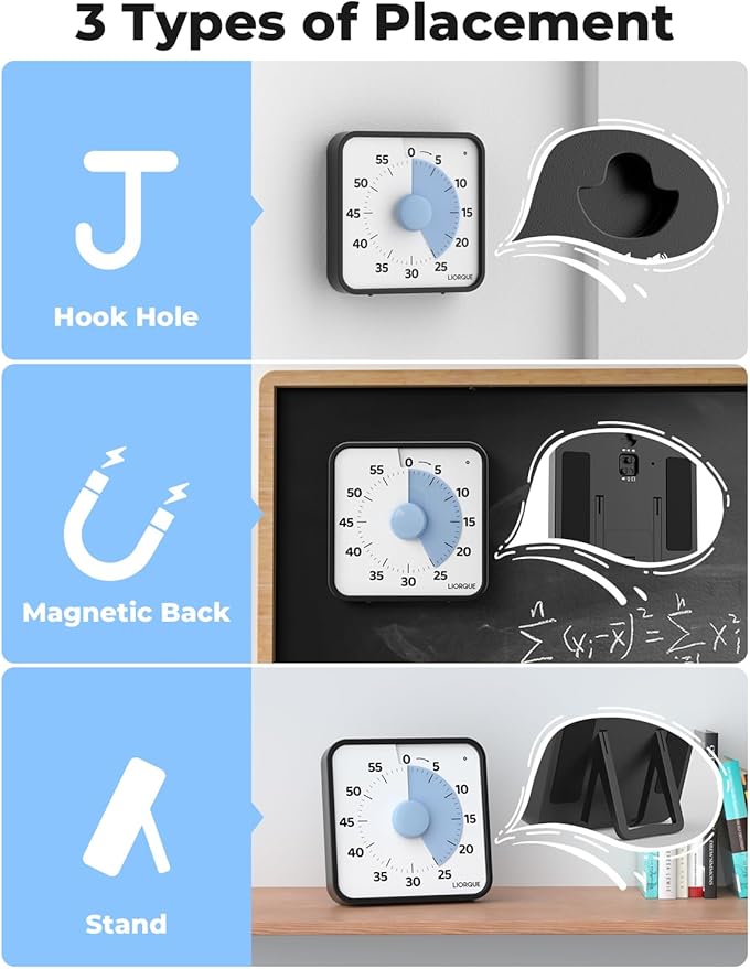LIORQUE 60 Minute Visual Timer for Kids and Adults, Non-Ticking 7.5 Inch Large Visual Countdown Timers for Classroom Desk Countdown Clock with Magnetic Backing, Kids Pomodoro Timer Clock