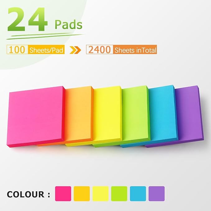 Sticky Notes 3x3 inch Bright Colors Self-Stick Pads 24 Pads/Pack 70 Sheets/Pad Total 1680 Sheets