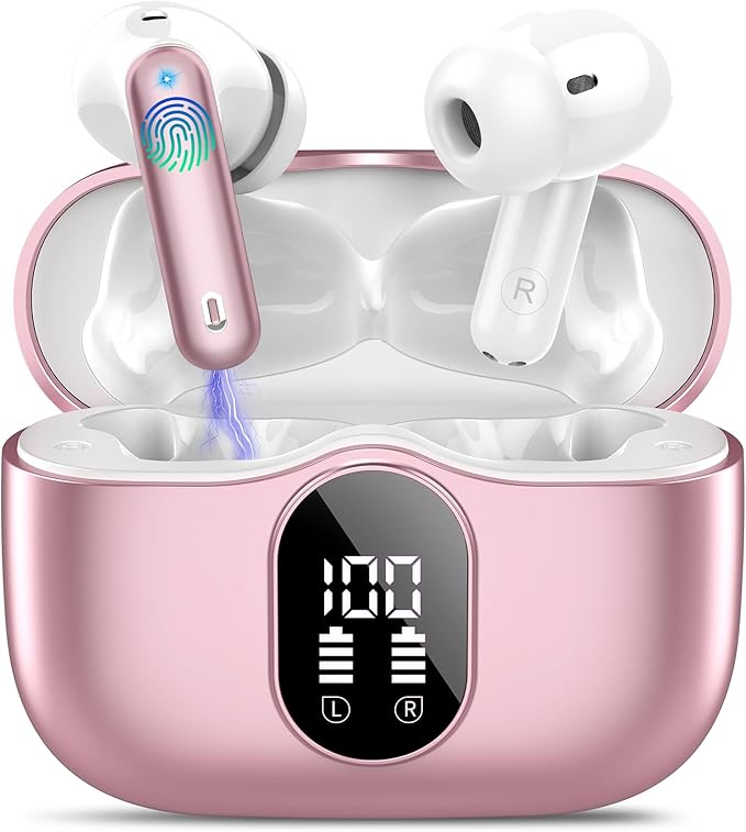 Wireless Earbuds, Bluetooth 5.4 Headphones Bass Stereo, Ear Buds with Noise Cancelling Mic, IP7 Waterproof in Ear Earphones, 36H LED Display Bluetooth Earbuds for Laptop Pad Phones Sports, Rose Gold
