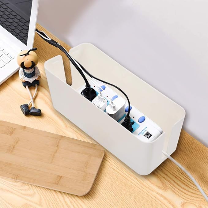 Cable Management Organizer Box, 2 Pack Large Storage Bamboo Lid Wires Concealer Holder for Office Desk, Home, Kitchen, TV, Computer, Cover Hide Tidy Surge Protector Power Strips & Cords (White)