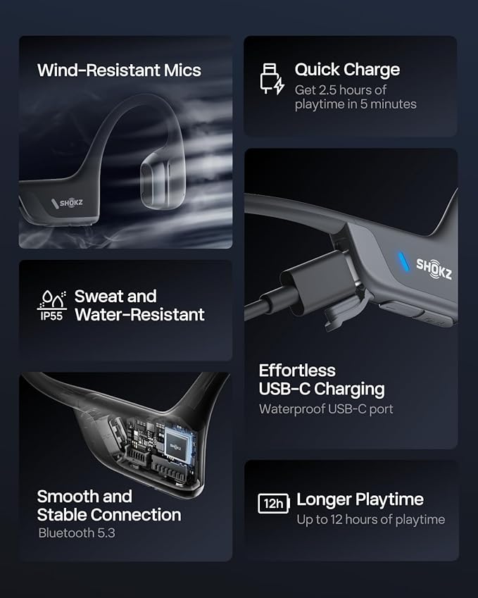 SHOKZ New OpenRun Pro 2 - Open-Ear, Bone Conduction Sport Headphones - with Reflective Strip - Sweat Resistant, Workout Headphones - Secure, Wireless, Comfortable Fit-Deep Bass and Smart Mic App