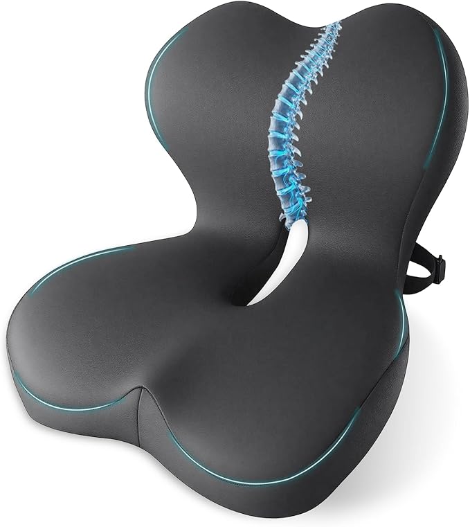 Memory Foam Seat Cushion,Office Chair Cushion with Lumbar Support for Back Pressure Relief, Car Seat Cushion with Adjustable Strap,Sciatica Pad Cushions for Car,Truck,(C-Dark Grey)