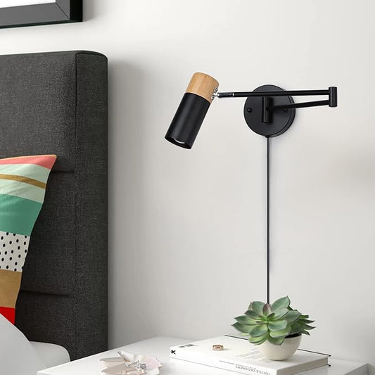 COSYLUX Modern Industrial Swing Arm Wall Lamp with Plug in Cord for Bedroom, Living Room, Office, Rotatable Lampshade Plug in Wall Sconces Light Fixture for Reading and Working, Black (NO Bulb)