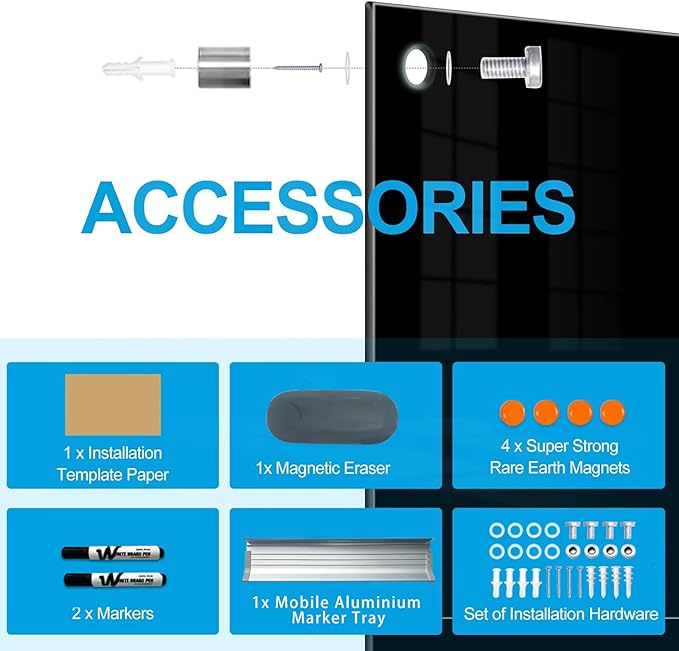 KIZZBY Black Glass Dry Erase Board - Magnetic Blackboard for Wall, 48"x36" Large Frameless Black Whiteboard for Office, Home & School