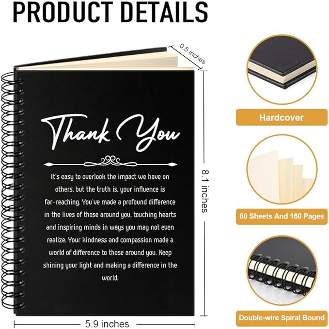Thank You Hardcover 160 Pages Spiral Notebook, Appreciation Gifts for Boss Leader Supervisor, Thank You Gifts for Teacher Social Worker School Counselors, Friend Coworker Gratitude Gifts