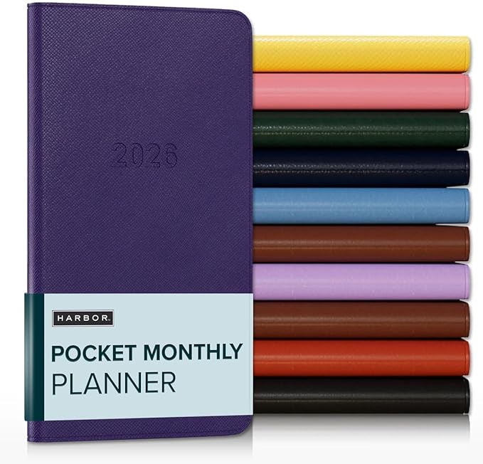 Harbor Pocket Monthly Planner 2025-2026, Calendar Planner and Notebook, Durable Faux Leather, 18 Months, 96 Pages, Softcover & Lightweight - Key West Dark Purple - 6 x 3.25 "