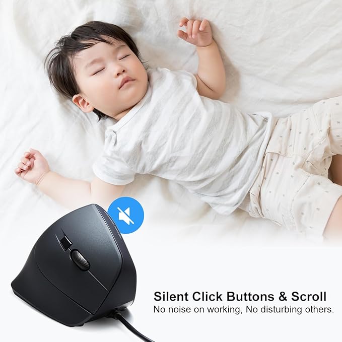 SANWA Wired Ergonomic Mouse, Silent Click, Vertical Computer Mice, 3 Programmable Buttons, Optical Ergo Mouse, Reduce Wrist Strain, 1000/1600 DPI, Compatible wtih Mac, Windows, Laptop, PC