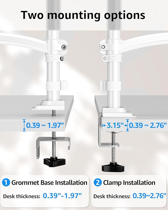 Dual Monitor Stand Holds 4.4-22 lbs Each, Dual Monitor Arm for 2 Monitors, Height Adjustable Computer Desk Mount for Max 32 inch Screens, VESA Mount with C-clamp & Grommet Base, Freelift White