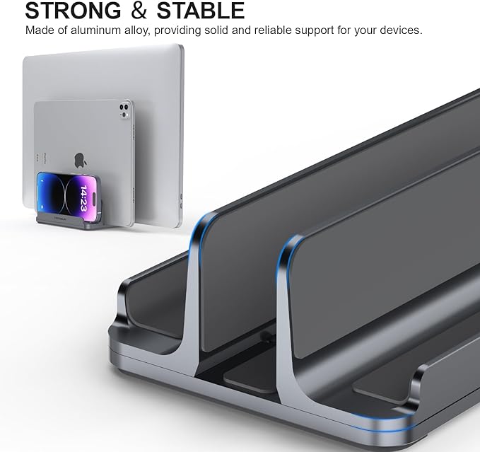 3 Slots Aluminum Vertical Laptop Stand for Desk - Adjustable Width Dock for MacBook, Surface, Samsung, HP, Dell up to 17.3 inches - Space-Saving & Protective Design - Gray