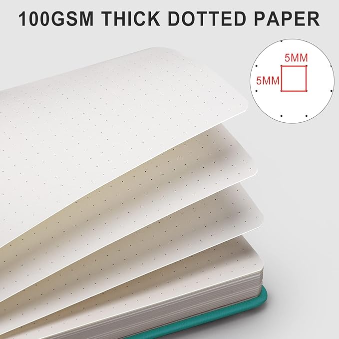 AHGXG Bullet Dotted Journal - 320 Numbered Pages Dot Grid Notebook A5 Thick Journal, 100gsm Thick Dotted Paper, Leather Hardcover,Inner Pocket, 5.75'' × 8.38'' - Cyan