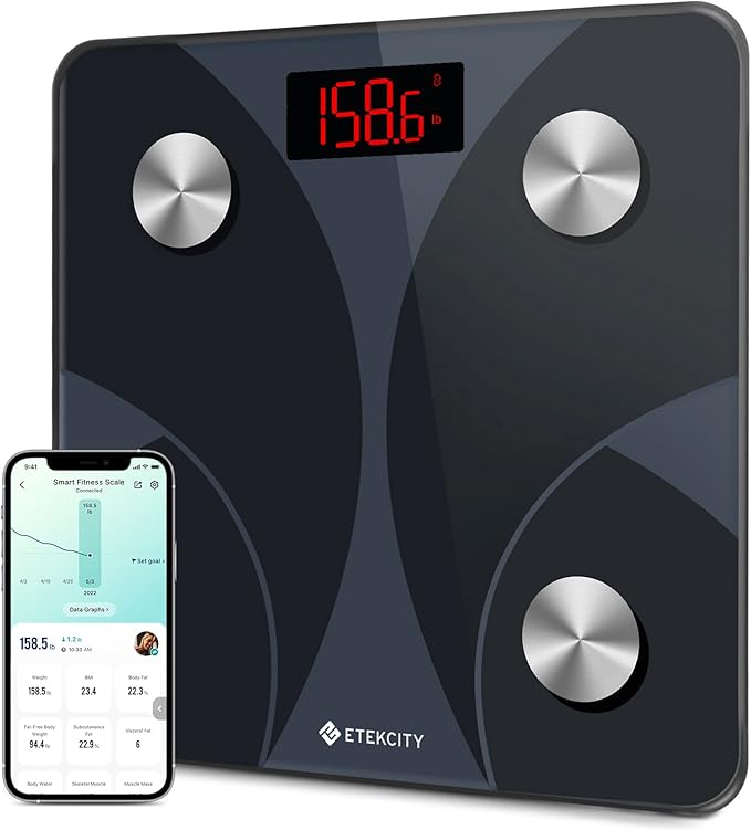 Etekcity Scale for Body Weight and Fat Percentage, Smart Digital LED Bathroom BMI Measurement, Accurate Bluetooth Weighing Machine, Body Composition Analyzer, Ash-black, 400lb
