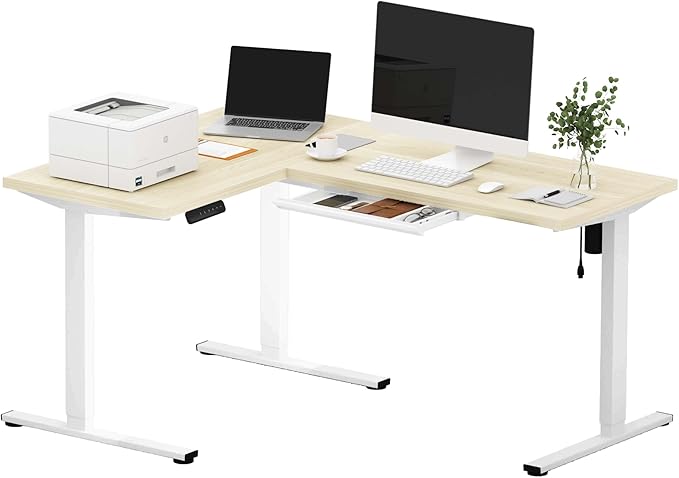 SANODESK L Shaped Electric Standing Desk with Drawer, 63 Inch Ergonomic Adjustable Height Desk with Storage, Corner Desk Sit Stand up Computer Table for Work Office Home, Maple