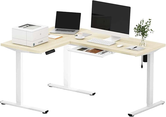 SANODESK L Shaped Electric Standing Desk with Drawer, 63 Inch Ergonomic Adjustable Height Desk with Storage, Corner Desk Sit Stand up Computer Table for Work Office Home, Maple
