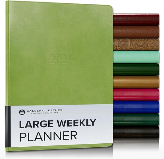 Gallery Leather Large Weekly Monthly Planner 2025-2026, Elegantly Bound Calendar Planner and Notebook with Stylish Gold-Gilded Page Edges, 12 Months - Acadia Lime - 9.75 x 7.5 "
