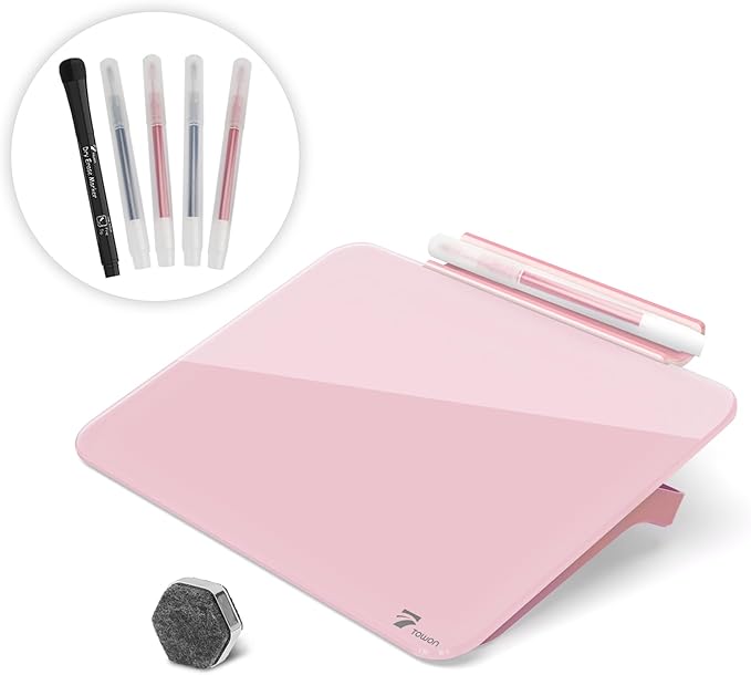Pink Mini Desktop Pure Glass Whiteboard, Small Slope Slick Desk Whiteboard Glass, Desk White Board, Desktop White Board Dry Erase, Stenography Artifact for Office Home Schooling Décor, 8x6 Inches
