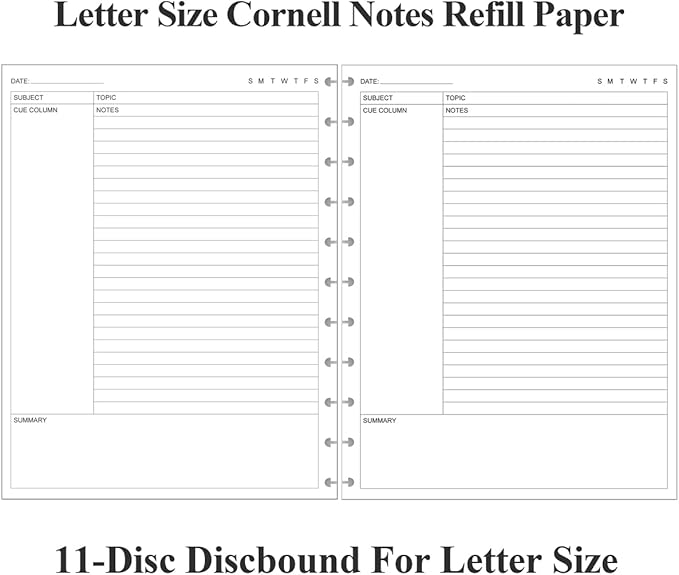 Letter Size Cornell Notes Filler Paper - 11 TUL Disc Cornell Notes Loose Leaf Paper, 50Sheets / 100Pages, 8.5'' x 11''