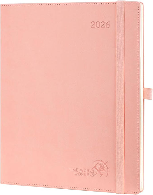POPRUN 2026 Planner (Large - 8.5'' x 10.5'') - 2026 Weekly Calendar (Jan. 2026 - Dec. 2026) with Hourly Time Slots, Weekly/Monthly Appointment Book for Time Management - Leather Soft Cover - Pink