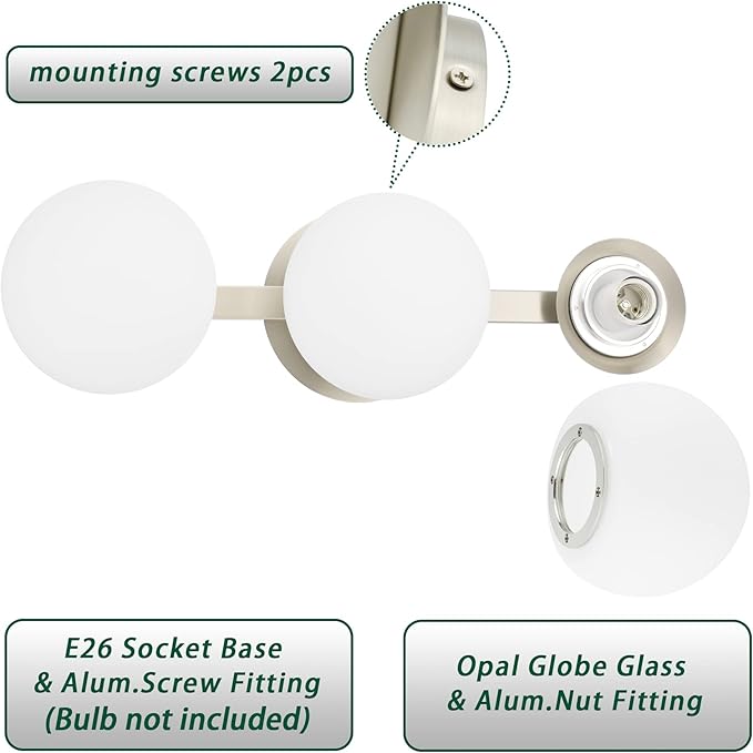 Bathroom Vanity Light Fixtures, Modern 3 Lights Globe Wall Sconce Lighting Brushed Nickel, Porch Wall Mount Light Fixture for Bathroom, Mirror Cabinets Hallway Stairs