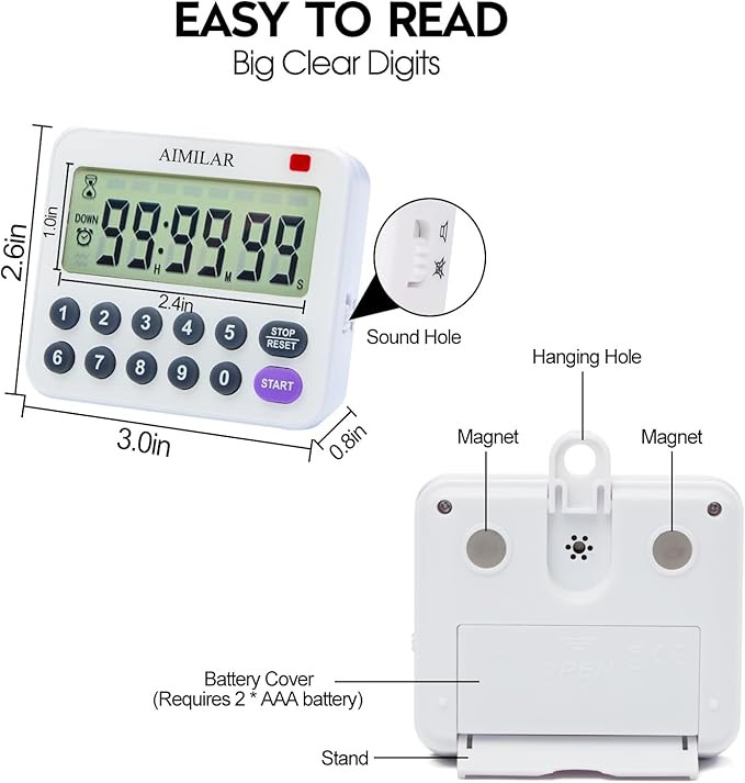 Digital Countdown Kitchen Timer - AIMILAR Magnetic Count Up Down Cooking Timer with Magnet Back Loud Alarm Directly Input Hours Minutes and Seconds