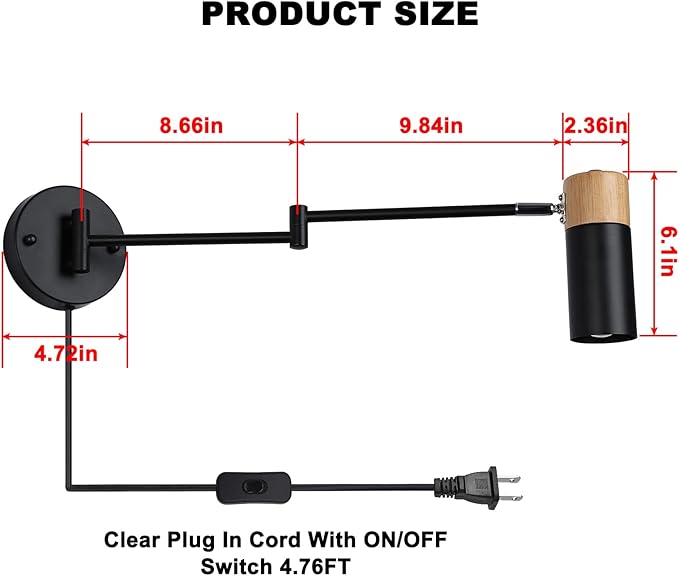 COSYLUX Modern Industrial Swing Arm Wall Lamp with Plug in Cord for Bedroom, Living Room, Office, Rotatable Lampshade Plug in Wall Sconces Light Fixture for Reading and Working, Black (NO Bulb)