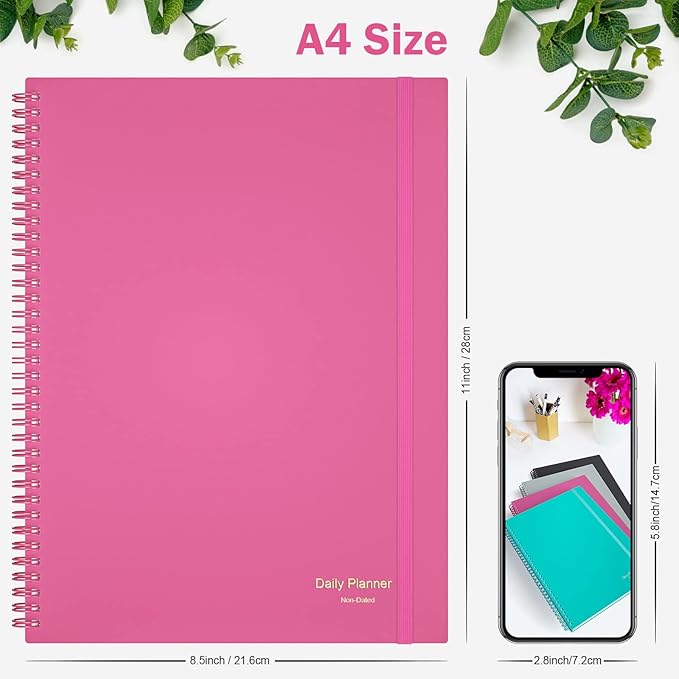 Planner Undated, Asten Daily Planner Agenda with to Do List, Hourly Schedules for Women and Men, Spiral Appointment Book with Elastic Closure, Inner Pocket 8.5" x 11" (Pink)