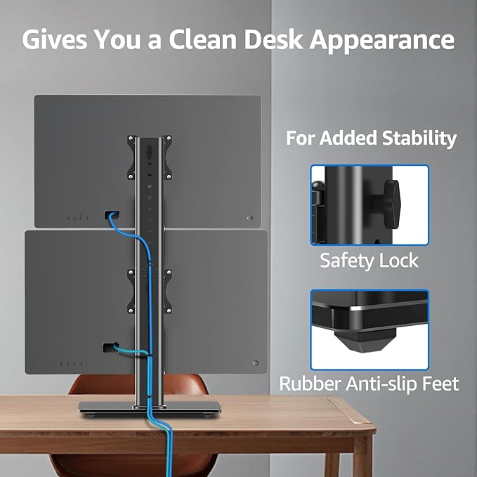 MOUNTUP Vertical Dual Monitor Stand, Stack Two Screens up to 32 inches,33 Lbs, Free-Standing Monitor Desk Mount, Monitor Riser with Swivel, Tilt, Height Adjustable, VESA Stand 100 x 100mm, 75 x 75mm