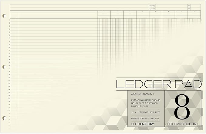 BookFactory Ledger Pad/Large 8 Column Accounting Ledger Columnar (Eight Columns) Pads - 17'' x 11'', 50 Pages, Notepad Landscape Format (PAD-050-CLCPD3(17x11-Ledger-8)-AX)