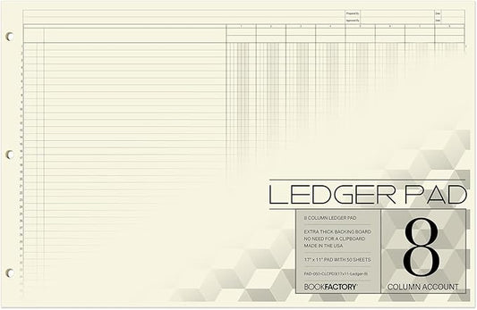 BookFactory Ledger Pad/Large 8 Column Accounting Ledger Columnar (Eight Columns) Pads - 17'' x 11'', 50 Pages, Notepad Landscape Format (PAD-050-CLCPD3(17x11-Ledger-8)-AX)
