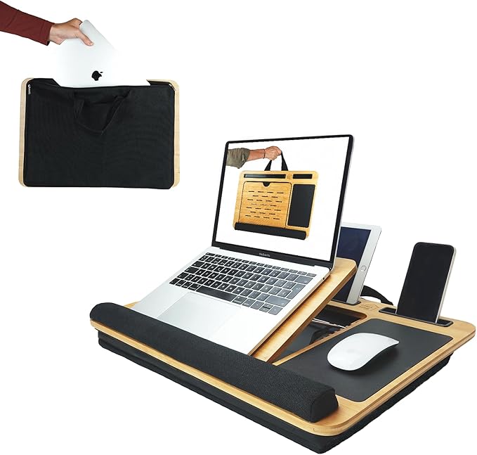 Bamboo Laptop Lap Desk with Cushion, Angle Adjustable Laptop Computer Stand Bed Desk, Portable Lap Desk w/Handles, Tablet & Phone Holder, Mouse Pad & Shields Heat (Black Sleeve Case Bag)