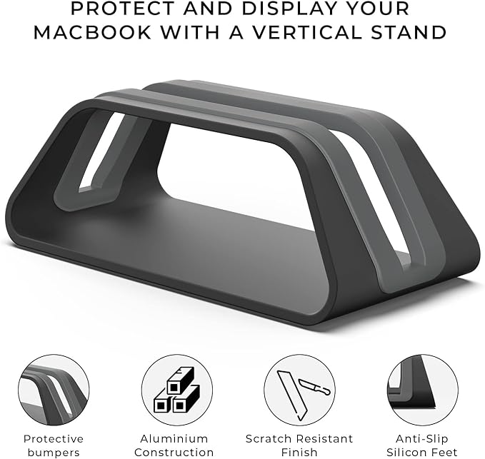HumanCentric Vertical Laptop Stand Compatible with MacBook Pro and MacBook Air, Holder for Personal Computer Desk Stand, Aluminium, Exchangeable Inserts to Fit Different Device Models, Black