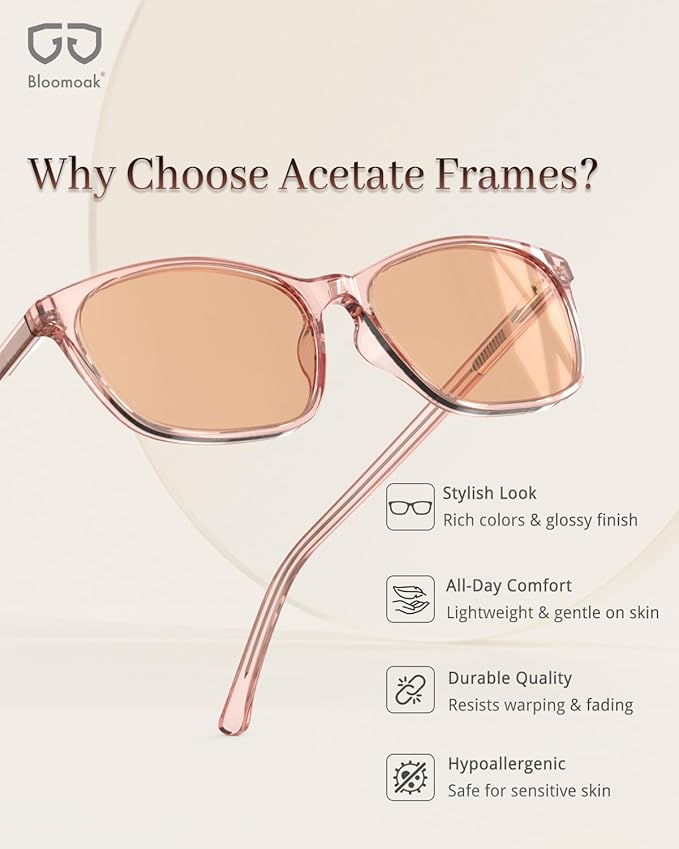 Bloomoak Rose Migraine Glasses, FL- Flex Light Sensitivity Relief Glasses for Fluorescent LED Glare,Photophobia, Eye Strain