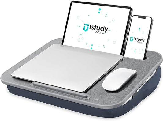 ISTUDYNITURE Portable Lap Desk with Cushion, Fits up to 15.6 inch Laptop, Laptop Stand with Device Ledge and Phone Holder, for Home Office (Grey, Small)