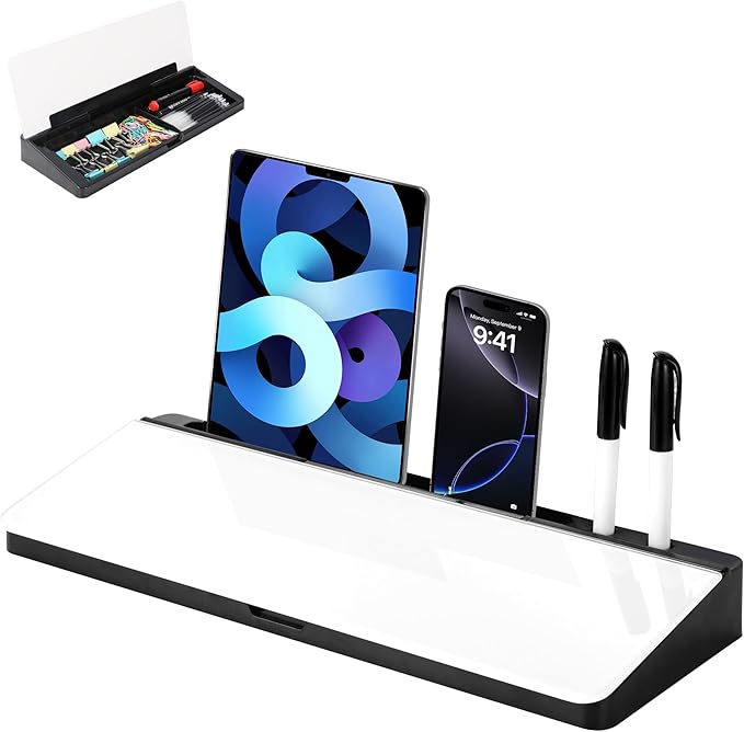 KVY Desk Whiteboard with Storage,Desktop Glass Dry Erase White Board Organizers Supplies with Accessories for Office, Home, School Essentials (Black)