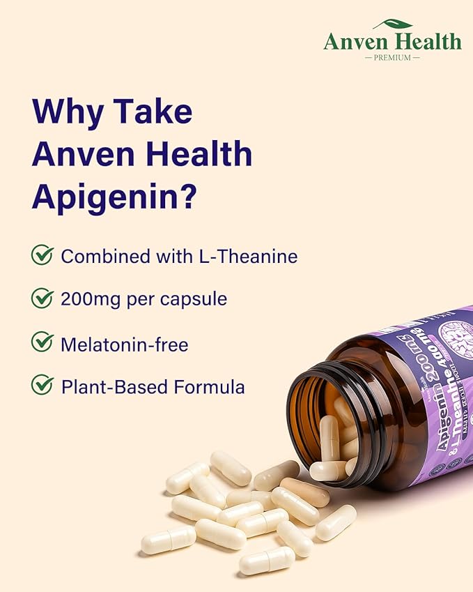 400mg L-Theanine with 200mg Apigenin Supplement for Sleep-Natural Relaxation & Stress Relief - Gluten Free,Non-GMO, Zero Fillers - Made in USA | 60 Veggie Capsules