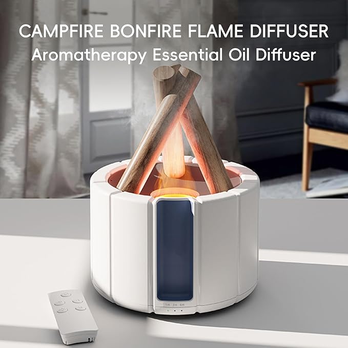 Campfire Flame Fire Diffuser, Bonfire Aromatherapy Essential Oil Diffuser, 250ml Wood Cool Mist Humidifier for Home,Bedroom,Office, Remote Control, Auto Shut-Off, Night Light, Gift (Black)