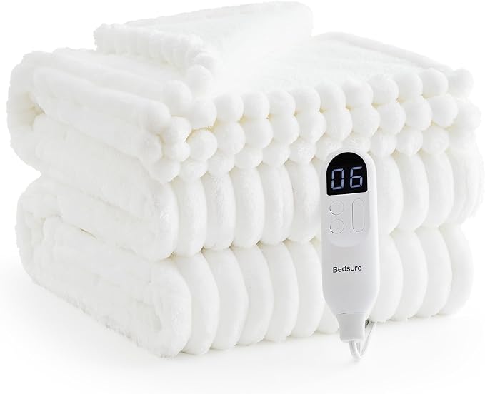 Bedsure Electric Blanket Full Size - Thick Striped Flannel Heated Blanket with 6 Heat Settings, 10 Time Settings, 8-Hour Timer Auto Shut Off, Gift for Grandma (72x84 inches, White)