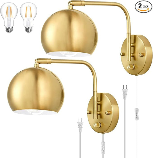 Wall Sconces Plug in, Dimmable Wall Sconce Swing Arm Wall Lights with Plug in Cord and Dimmer On/Off Knob Switch, Brushed Brass Globe Wall Light for Bedroom Bedside Hallway(2 Bulbs Included)
