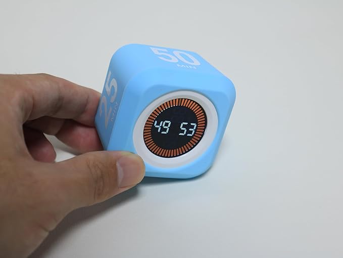 FCXJTU Rotating Pomodoro Cube Visual Timer 5, 25, 10 50 Minutes Preset, Rechargeable Desk Productivity Flip Timer w/Silicone Cover Custom Countdown, Silent Mode for ADHD, Study, Work, School(Blue)