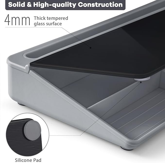 Varhomax Glass Desk Whiteboard with Storage, Desktop Organizer to-do List Memo Notepad Dry Erase White Board for Home Office and School Supplies (Gray&Black)