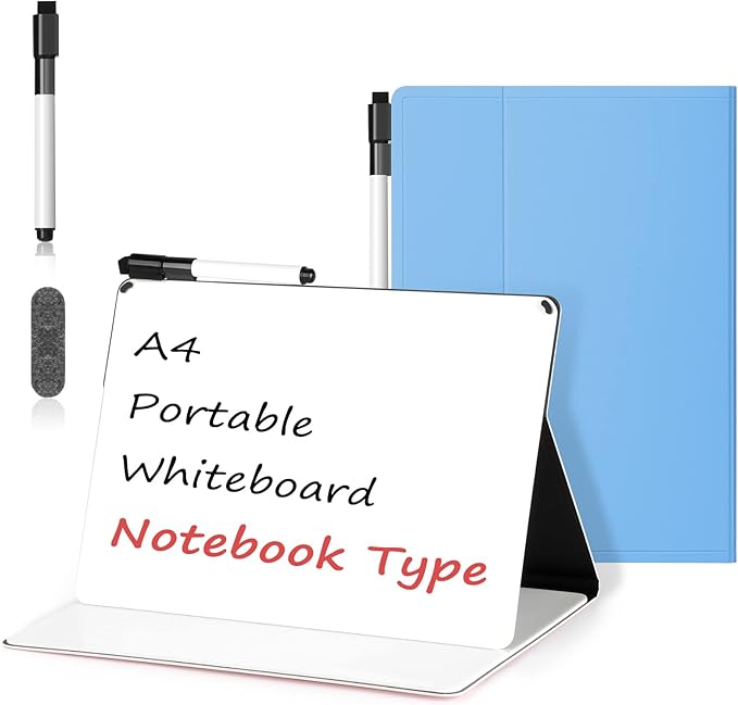 Mini Whiteboard 12"x9" Small White Board Dry Erase, Erasable Notebook Foldable Desk Whiteboard Holder Dry Erase Board, Office, Home, Travel, School, Portable (Blue)
