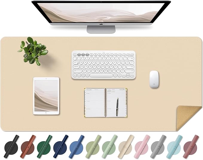 Non Slip Desk Mat, 31.5" x 15.7" PU Leather Desk Pad, Cork Desk Mat for Desktop, Desk Pad for Keyboard and Mouse, Ideal for Office and Home, Apricot