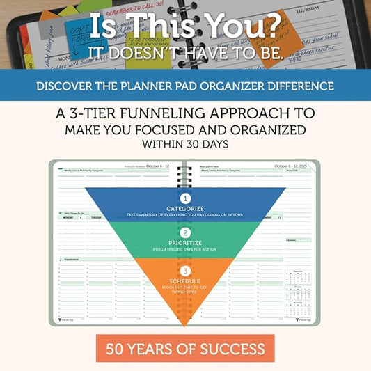 Planner Pad Spiral Bound 3-Tier Funnel Down 12 Month Organizer, October 2025 – September 2026, Greenish Grey Cover/Soft Green Ink, 6 3/4" x 8 1/2"