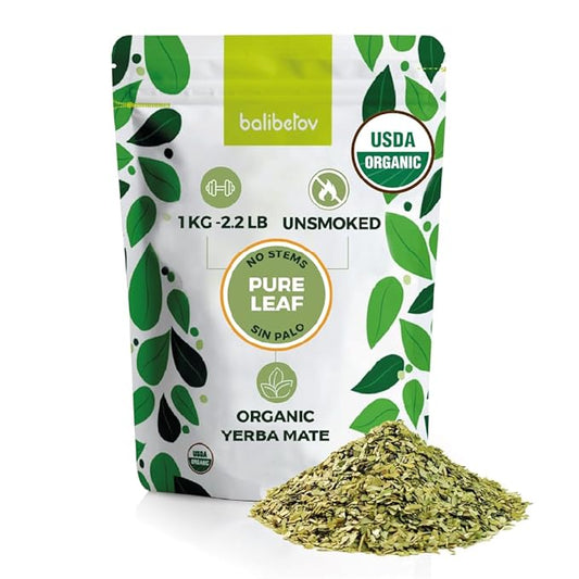 BALIBETOV Organic Yerba Mate Tea Loose Leaf, 2.2. lb. Bag, Natural Pure Leaf, Clean High Energy, Unsmoked Artisanal, Gluten Free, Vegan Friendly, Hot or Cold Drink (2.2 Pounds (Pack of 1), Pure Leaf)