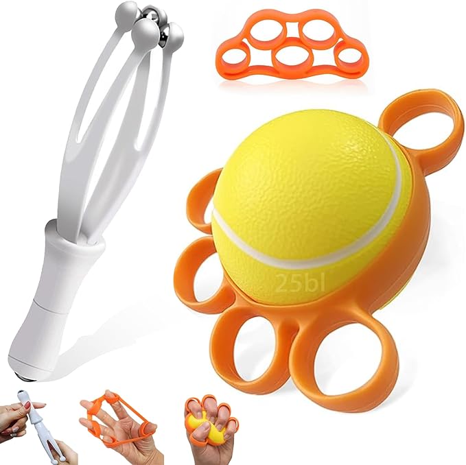 Hand Grip Strengthener Exercise Set, 3pcs Hand Therapy Kit with Squeeze Balls for Hand Therapy, Finger Roller Massage Tool,Finger Resistance Bands,White & Orange, Silicone
