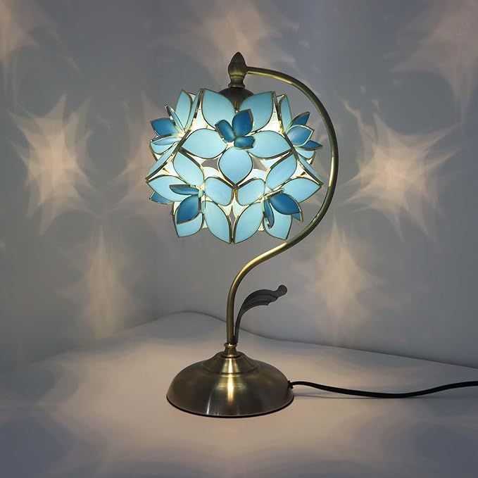 Bieye L11022 Tiffany Style Stained Glass Flower Petal Table Lamp with Brass Base for Home Décor (Sky Blue, 8" Rose Lily)