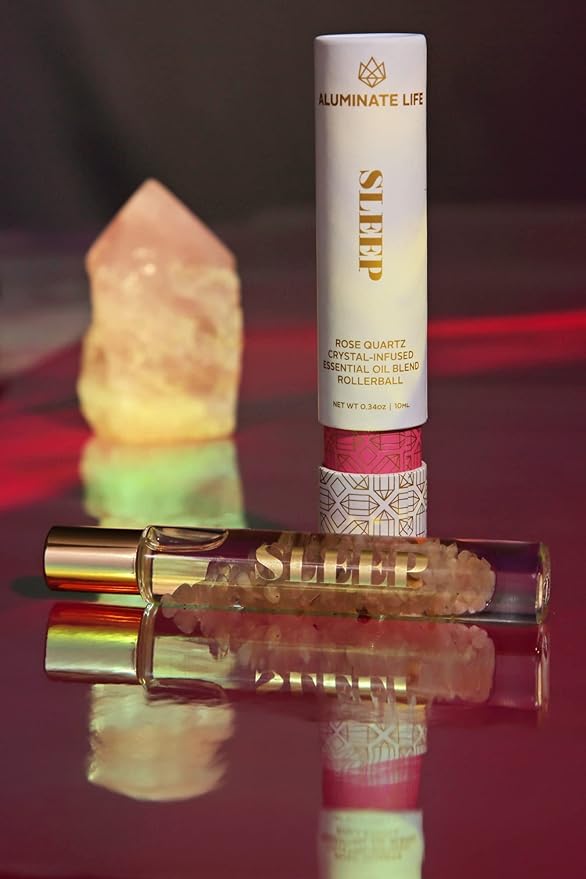 Essential Oil Rollerballs, .34 OZ, Sleep - Rose Quartz Crystal Infused - Scents of Rose, Lavender, and Vanilla - Aromatherapy Roll On, Valentine's Day Gift