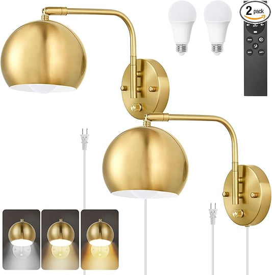 Wall Sconce with Remote Control, Plug in Wall Sconces Dimming 0-100% and Adjustable Color Temperature 2700K-6000K, Brushed Brass Globe Swing Arm Wall Lights with Plug in Cord(2 Pack, 2 Bulbs)