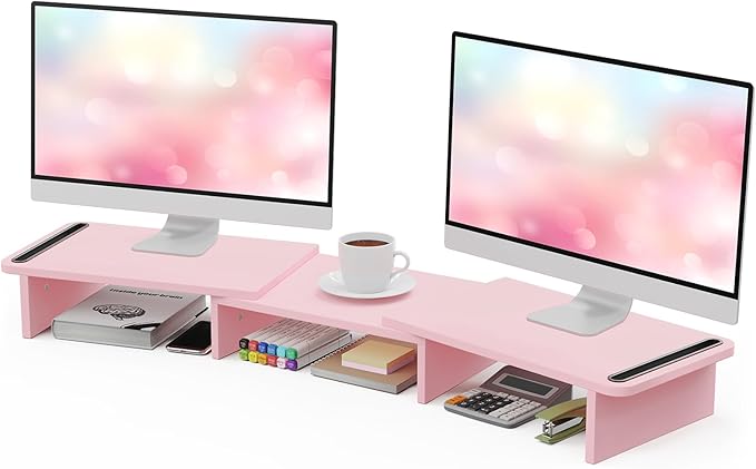 Zimilar Dual Monitor Stand Riser, Monitor Stand with Adjustable Length and Angle, Wood Monitor Stand for Desk, Monitor Riser for 2 Monitors with Storage Space