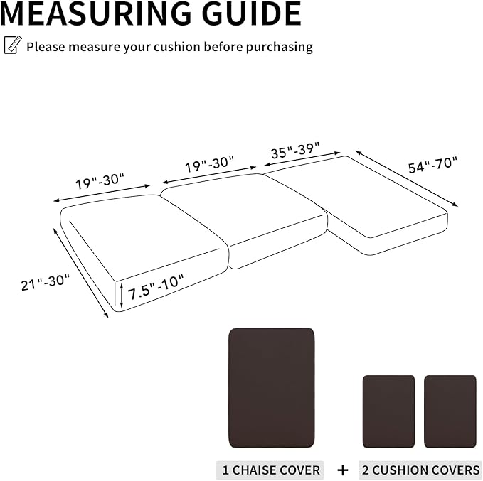 Easy-Going 100% Waterproof 3 Pieces Couch Cushion Covers for Sectional Sofa Left/Right L Shape Chaise Lounge Sofa Seat slipcover Anti-Slip Sofa Cover (2 Seater + 1 Chaise, Chocolate