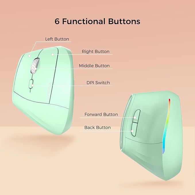 57° Wireless Ergonomic Mouse, Vertical Mouse, Carpal Tunnel Mouse, RGB Light, Rechargeable, Bluetooth & 2.4G, 5-level DPI Adjustment, Quiet Click Ergo Mice Compatible with PC, Laptop, Mac, Green